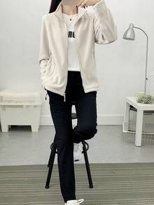 330g Women's Zip-Up Fleece Jacket With Stand Collar, Pockets, Casual And Comfortable For Outdoor Activities Like Hiking, Solid Color, Long Sleeve, Minimalist Design, Autumn/Winter,Skiing - Beige - View 3