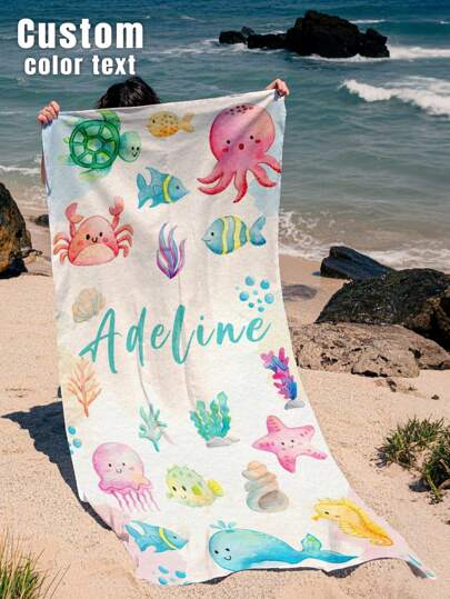 1PC Customized Name Ocean Beach Towels,Water Color,Sea Animal, Custom Name Beach Towel ,Personalized Girls/Boys Beach Towel, Custom Beach Towel For Girls/Boys,Perfect For Outdoor Beach Travel Swimming Gym Yoga, Beach Accessories,Custom Beach Towel For Friends, Multiple Sizes Of Beach Towels To Choose Froml