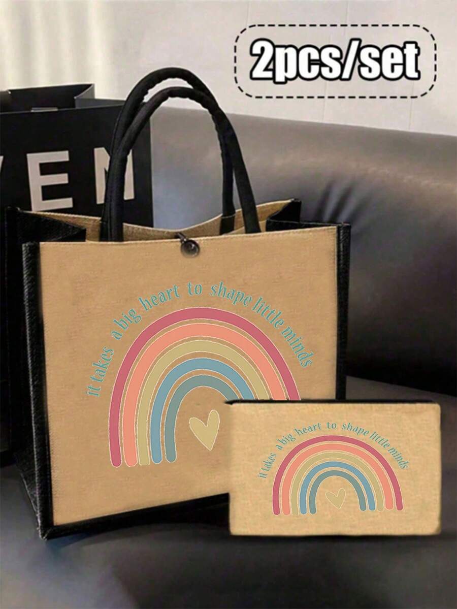 2 件教师节礼物套装 - 大容量时尚手提包，印有“老师”图案，黑色亚麻零钱包，化妆包，带衬里，无封口 - 非常适合教育工作者和学校工作人员，教师感谢礼物，时尚休闲配饰，适合外出、度假、日常通勤