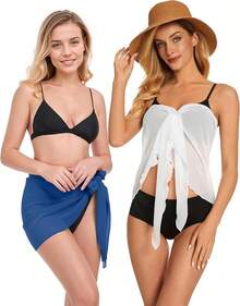 CHICGAL 2 Pieces Women Beach Sarong Bathing Suit Wrap Skirt Sheer Bikini Swimsuit Cover Ups Swimwear - 白色和藍色 - 查看 2