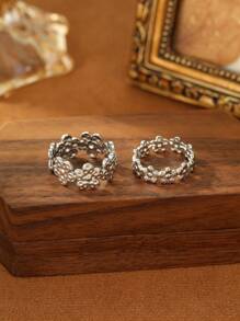 2pcs Stainless Steel Silver Fashionable Casual Circle Small Flower Opening Adjustable Women's Ring Set, Suitable For Daily Wear, Parties, Festivals, Beach Vacations, Gifts Or Collections