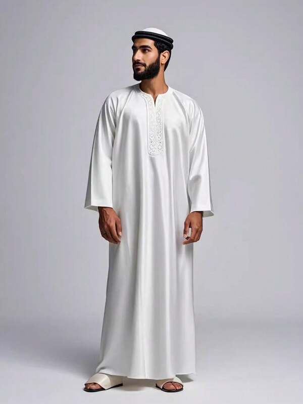 1pc Men's Robe Abaya, Middle Eastern Arab Royal Style, Thin Sheer Chiffon Embroidered Beaded Luxury Outerwear