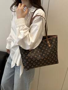 经典图案女士手提包，大容量单肩包，时尚工作包，配有小零钱包 - 咖啡 - 查看 5