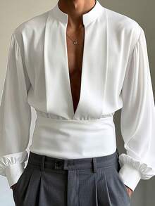 INCERUN Elegant Men Deep V-Neck Long Sleeve Party Casual Loose Blouse Office Work Solid Shirt Tops - 白色 - 查看 1