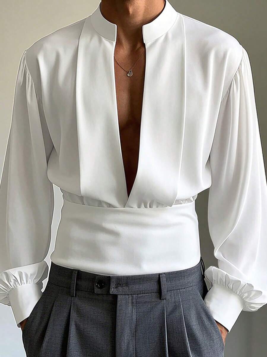 INCERUN Elegant Men Deep V-Neck Long Sleeve Party Casual Loose Blouse Office Work Solid Shirt Tops - 白色 - 查看 1