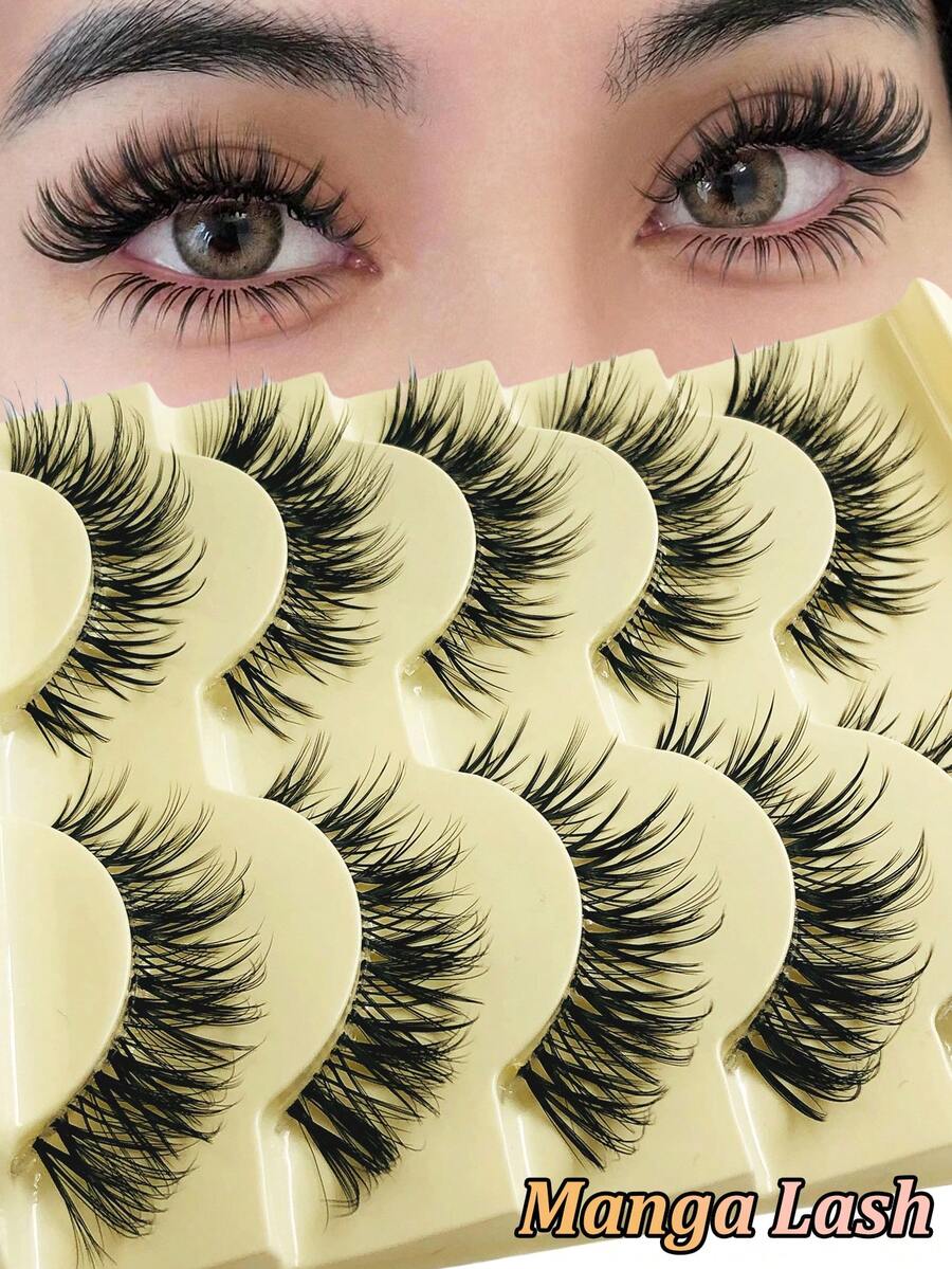 Asiteo 5 Pairs Manga Lashes Anime Styles Cosplay Big Eye Lashes Spiky Manga Style Natural Look Doll Eye Beginner-Friendly Full Strip False Eyelashes Fluffy & Wispy False Eyelashes For Party Makeup - 尖尾漫畫款 - 查看 1