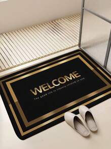 1pc Black Background, Paperclip Border, "Welcome" Pattern Bath Mat, Modern Minimalist Absorbent Non-Slip Bathroom Carpet, Flannel Bathroom Mat With Anti-Slip Backing, Suitable For Entrance, Bedroom, Kitchen, Bathroom Non-Slip Mat, Home Decor Rug