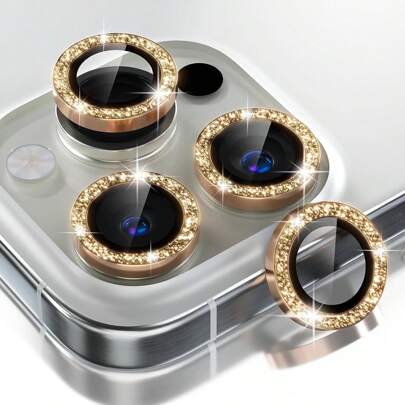 1set Compatible With IPhone 11 12 13 14 15 16 Pro Max Camera Lens Protector Bling, 9H Tempered Glass Camera Cover Screen Protector Metal Ring Decoration Accessories (Glitter-Gold) Gift For Birthday, Family, Friends Sparkling Crystal, Lens Protector, Phone Accessories