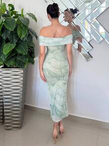 Andrea Bello Vestido largo de corte slim de estilo romántico para citas, vestido impreso con malla off-shoulder, vestidos color pastel para mujer