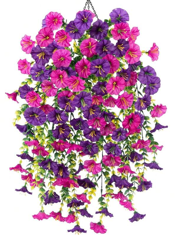1/4 Stücke künstliche Hängedekoration mit Petunie und Eukalyptus - leuchtend rosa und lila Faux-Blumen für Frühlings-/Sommerhochzeiten, Heim- und Gartenfeste, realistische grüne Blätter enthalten, perfekt für Terrassen- und Deck-Dekoration, Gartendekoration