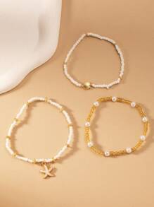 3 Stücke/Set Boho-Stil Seestern Muschel Hirse Perlen Knöchelkette Set