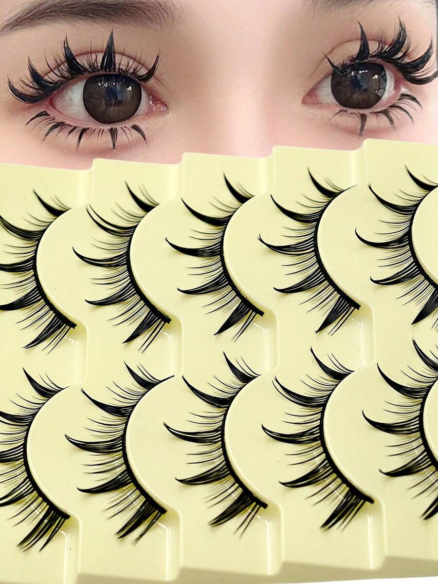 Asiteo 5 Pairs Cartoon Style False Eyelashes, Lightweight & Fluttery Anime False Lashes, Natural Makeup Effect, Fluffy Spiky Doll Lashes, Cartoon Eyelashes - 尖尾漫畫款 - 查看 1