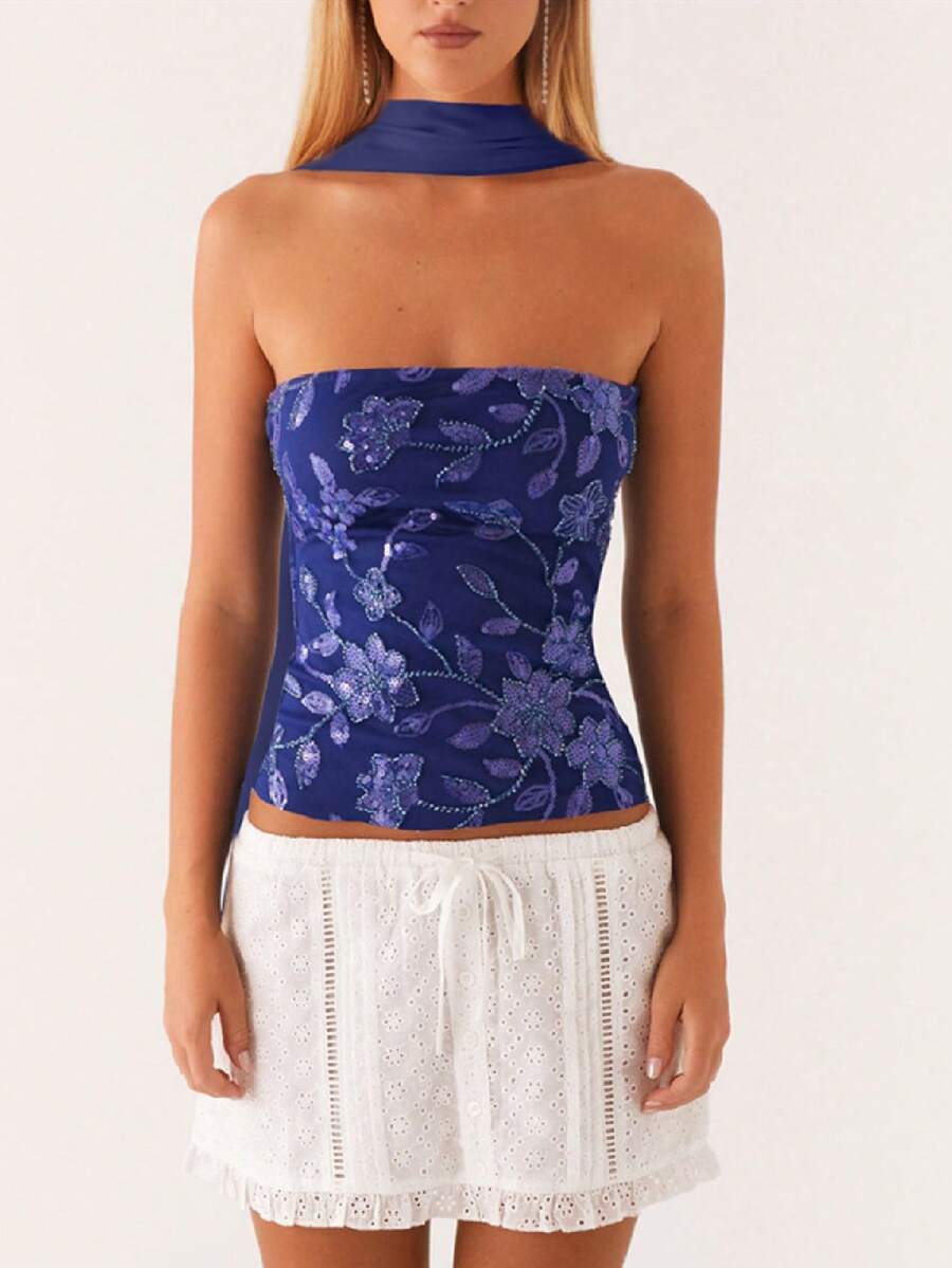 Women Y2K Sequin Tube Top With Neck Scarf Sparkly Floral Bandeau Cami Pearl Embellished Glitter Rhinestone Going Out Shirt - 藏蓝色 - 查看 1
