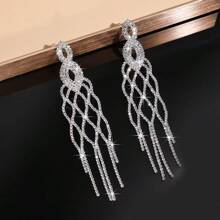 1 Pair Geometric Teardrop Shaped Golden/Silver Fully Diamond Crystal Rhinestone Long Tassel Earrings, Stage Performance Party Dress Accessories