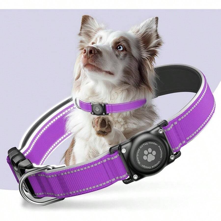 Collar de perro AirTag mejorado, soporte de collar de perro AirTag impermeable IP68, reflectante, ultra duradero, acolchado cómodo, collares de perro resistentes para perros pequeños, medianos y grandes ((12.6-17.1), azul) - Morado uva - Ver 1