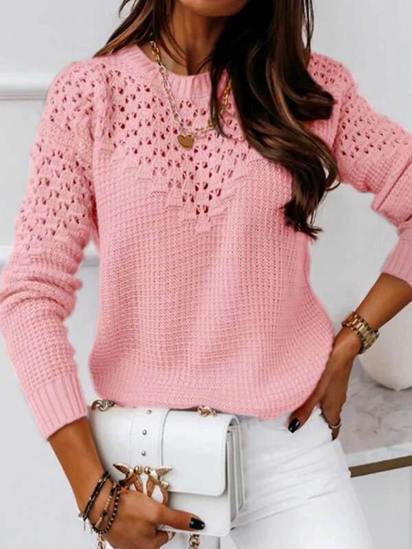 Pull en maille col rond côtelé à manches longues de couleur unie avec motif ajouré, style élégant pour le printemps et l'automne