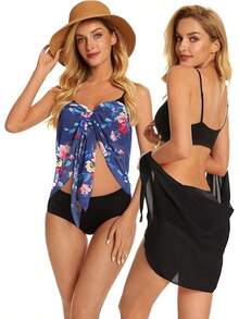 CHICGAL 2 Pieces Women Beach Sarong Bathing Suit Wrap Skirt Sheer Bikini Swimsuit Cover Ups Swimwear - 黑色和粉紅色海軍藍 - 查看 4