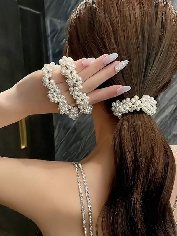 2 peças de elásticos/pulseiras de cabelo com miçangas, elásticos de cabelo com miçangas da moda, prendedores de rabo de cavalo doces e modernos, acessórios de cabelo de uso duplo, elástico de cabelo, acessórios de cabelo