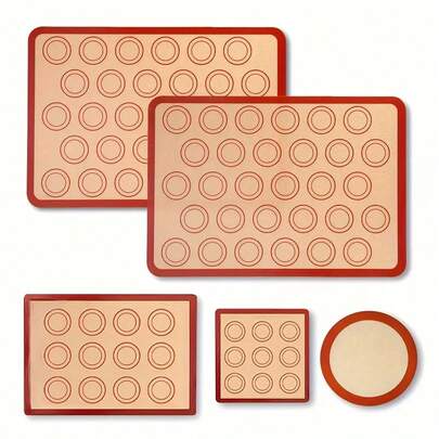 Set de 5 Esterillas de Silicona para Hornear, No Adherentes y Resistentes al Calor, Láminas de Silicona Reutilizables para Horno de Microondas, Bandeja de Hornear, Galletas, Macarons, Rojo, Rectangular, Cuadrado, Redondo