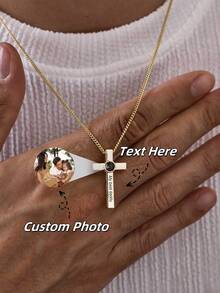 1pc Customized Projection Photo & Commemorative Text Cross Necklace | Stainless Steel Customized Portrait Commemorative Engraved Blessing Projection Cross Necklace | Commemorative Electroplated Projection Side Chain Cross Necklace | Cross Blessing Gift | Customized Couple Commemorative Necklace | Gift For Mother | Gift For Father | Gift For Friend | Minimalist Couple Necklace | Birthday Commemorative Gift | Customized Image Minimalist Projection Cross Necklace - Projection Necklace - View 2