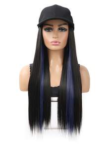 合成长直发棒球帽，带假发片，黑色帽子，24英寸柔顺自然黑色接发，适合女性女孩日常佩戴，派对万圣节帽子假发 - 彩色 - 查看 16