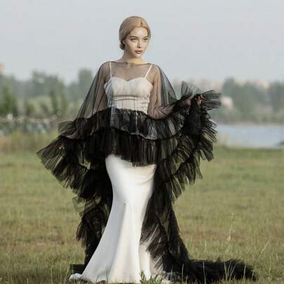 1 قطعة وشاح عروس متعدد الطبقات من التول مع حافة مكرمشة وتصميم ذيل، إكسسوار تصوير فوتوغرافي على الطراز الأوروبي والأمريكي، يمكن أن يقلل من التجاعيد ملابس الخريف للنساء