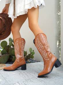 Women's All Season Fashion Embroidered Leather Cowboy Boots, Maillard Brown Pointed Toe Chunky Heel Knee High Boots, Chic Punk Style Chelsea Boots, Outdoor Casual Fashion Riding Boots