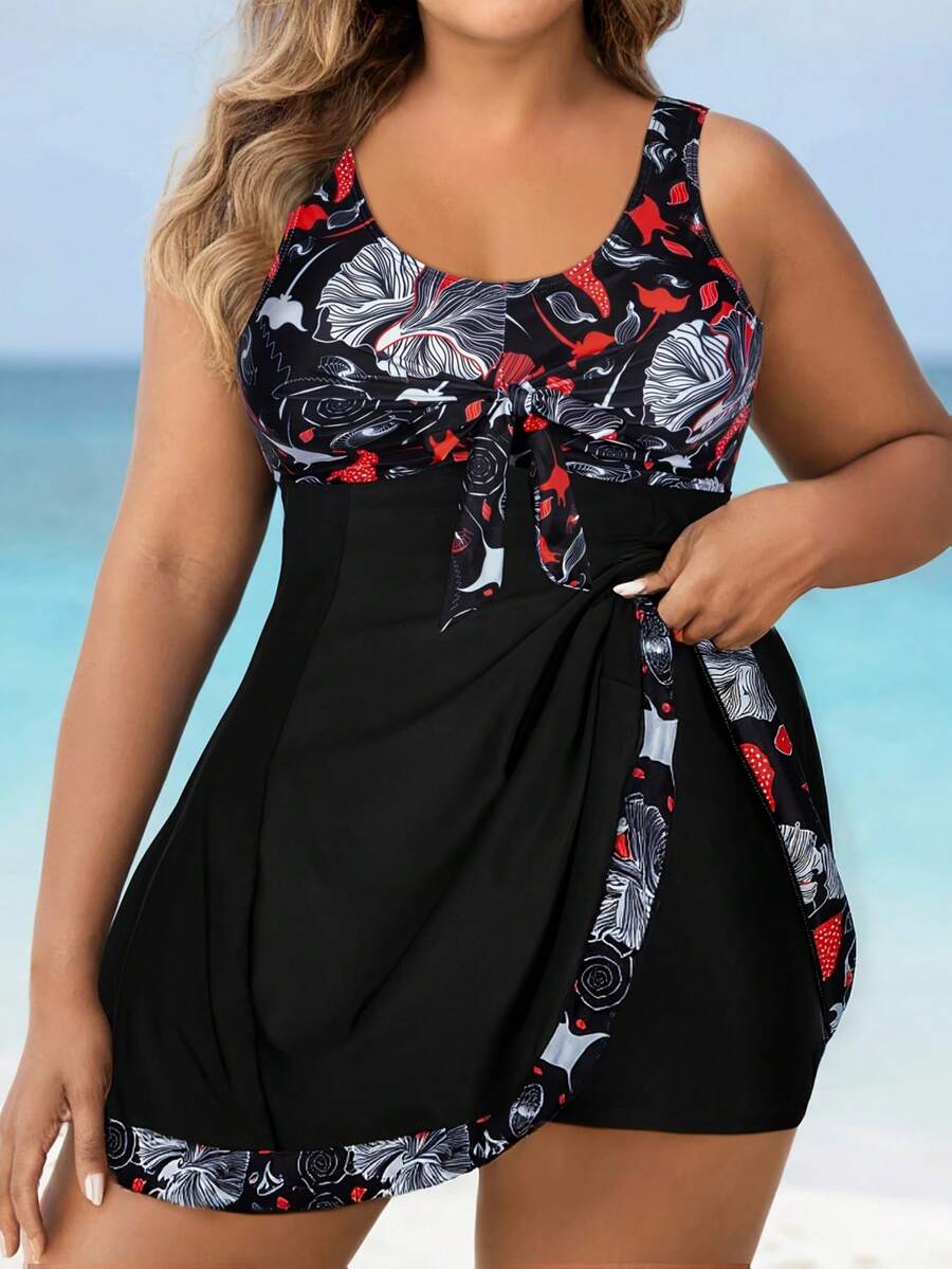 Plus Size Women Tropical Botanical Print Tie Front Tankini Swimwear Set - Black - View 1