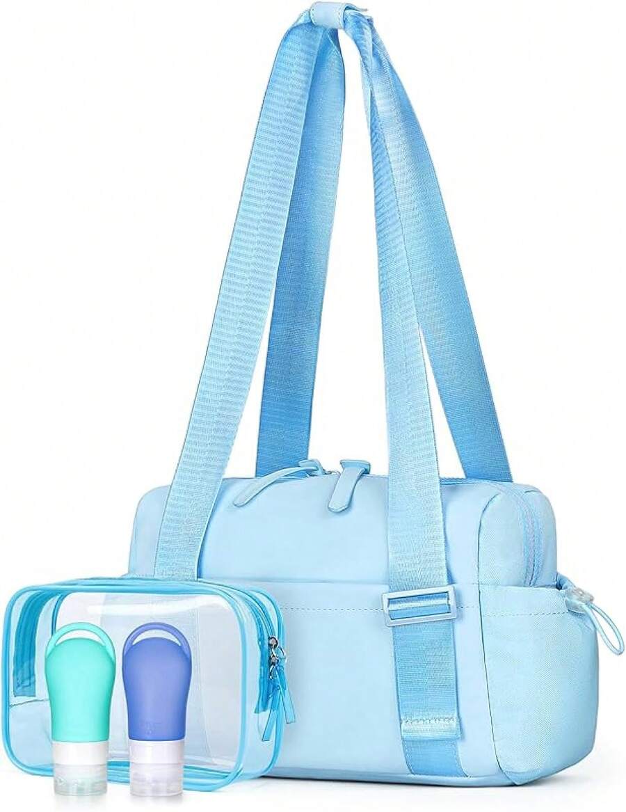 M4   Small Gym Bag For Women - Mini Gym Duffle Bag 4 PCS Set With Wet Compartment, Small Travel Tote Cute Workout Sport Bag With Toiletry Cosmetic Silicone Travel Bottles - Blue - View 1