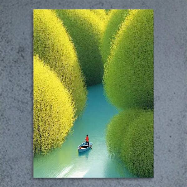 Canvaskunst met een meer en een boot - Groen landschapsschilderij met rode boten, vredige huisdecoratie, perfect cadeau voor natuurliefhebbers, frameloos, ontspannende huiskunst, zeedecoratie, 2D, perfect voor kamerdecoratie