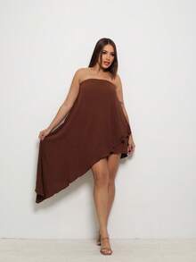 Women's Short Strapless Asymmetrical Casual Party Elegant Layered Dress - Rust Brown - View 4