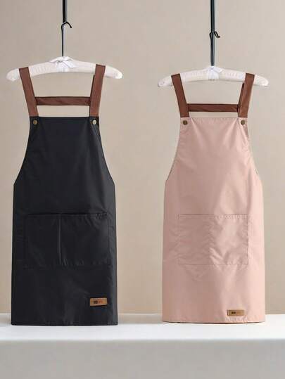 Waterproof Bib Apron With Shoulder Straps, Grease-Proof, Household Kitchen Work Wear, Minimalist Design, Wipe Hands Apron, Chef Uniform, Button Apron