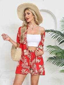2pcs Women Summer New Casual Printed Vacation Style Cardigan And Shorts Set, Suitable For Home Wear