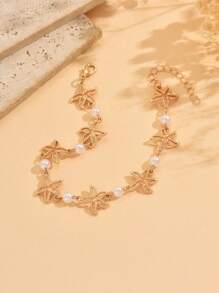 1pc Ocean Starfish Alloy Anklet With Faux Pearl, Classic Fashion Jewelry For Everyday Wear, Beach, Party, Date, Travel
