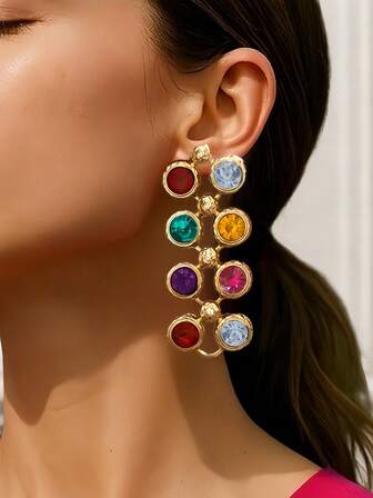 1 par moderiktiga personliga örhängen med färgblock och strass, retrostil