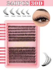 240 piezas Conjunto de extensiones de pestañas falsas con rizo D, mezcla múltiple de 10D+20D+30D pestañas postizas gruesas y tupidas, mechones de pestañas suaves, con maquillaje natural para ojos, longitud de 8-16mm apta para fibra de mink fina e impermeable con efecto 3D, adecuada para maquillaje natural, dramático y diario, kit de racimos de pestañas postizas para cosplay.