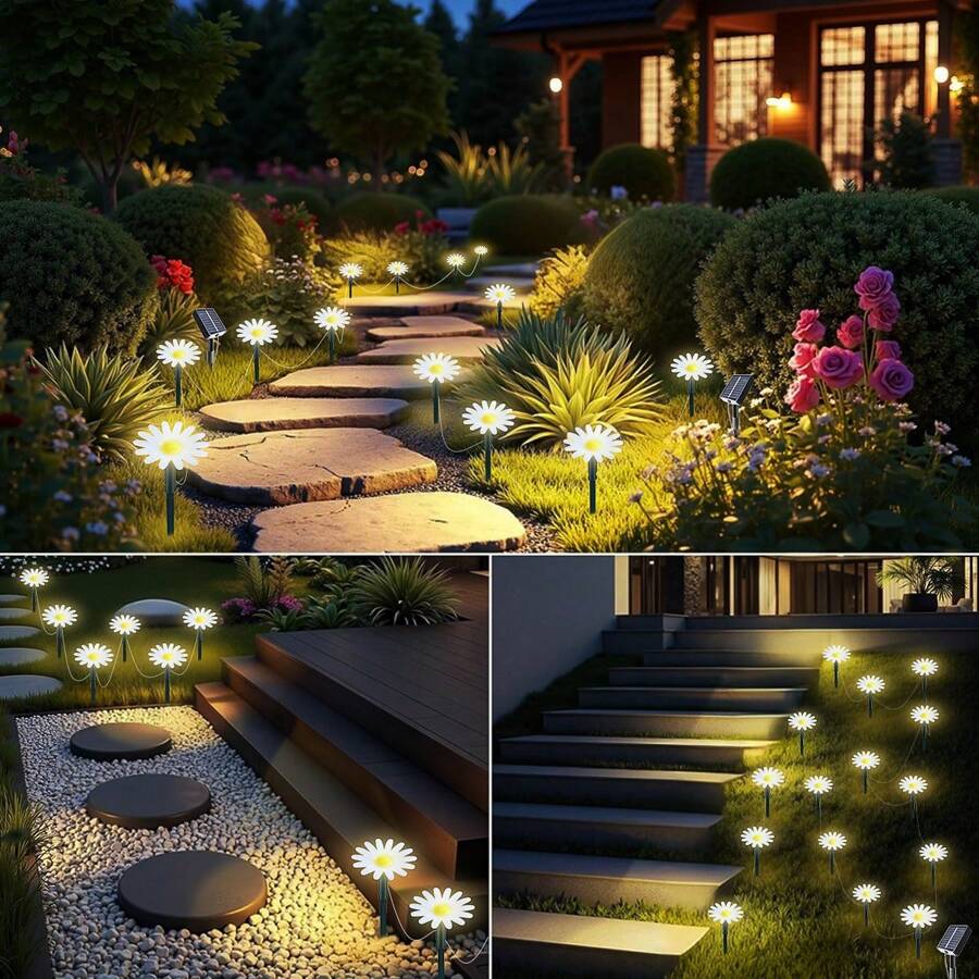 Luces solares de camino - 20 luces de jardín tipo margarita LED, luces decorativas impermeables para exteriores, adecuadas para pared, césped, patio, camino, paisajismo
