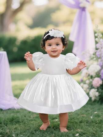 Baby Girl Bowknot Flower Dress With Headband, Christening Gown Tutu Dress, Floral Sheer Celebration Party Wedding