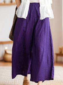 Plus Size High Waisted Wide Leg Pants Solid Elastic Waist Loose Fit Flowy Trousers With Pockets - Purple - View 3