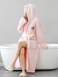 1pc Polyester Bathrobe (Size L) Unisex, Embroidered, Autumn/Winter Home & Bathroom Long Robe, Solid Color Coral Fleece Soft & Absorbent Microfiber, Suitable For Home, Bathroom, Pool, Dormitory - Multicolor - View 1