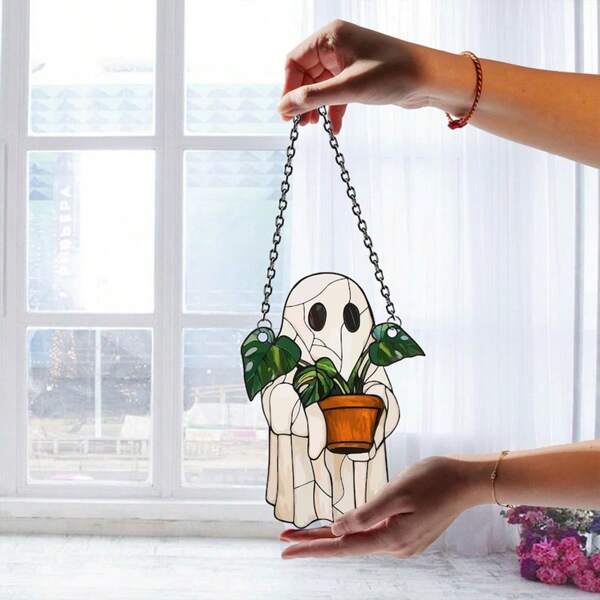 1 Pc Cute Ghost And Plant Decoration, Colorful Acrylic Window Decoration, Gothic Light Catcher, Horror Home Decoration, Halloween Window Decoration, Haunted House Aesthetic, Suitable For Home, Bedroom, Living Room, Wall Decoration (Please Tear Off The Protective Film Before Use, Acrylic Material, Not Glass Material)