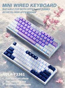 AULA F3361 Mini Keyboard, 61-Key Layout, Wired Connection, Cool Backlight Effect, True Mechanical Axis, Ergonomics, Plug And Play, Suitable For Office Computers And Notebooks, Highly Attractive Color Matching Keyboard For Girls