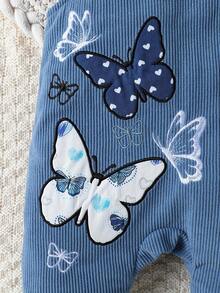 Directional Development Of 3 Pieces Set Of Long Sleeve Butterfly Heart Print Flying Sleeve Ha, Pit Strip Butterfly Embroidery Adjustable Slim Bib Pants, Blue Bandana - 中等水洗藍 - 查看 6
