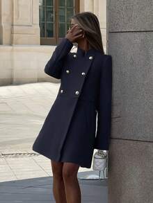 Winter Long Coat, Fashion Versatile Double-Breasted Slim Fit Jacket - Navy Blue - View 5