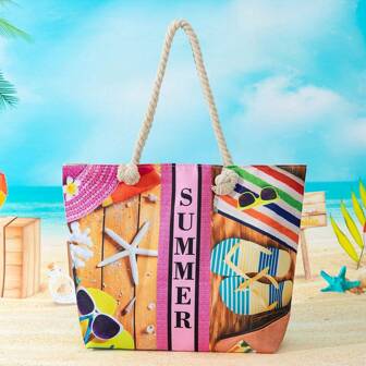Women's Fashion New Beach Bag Pattern Slippers Straw Hat Set, Suitable For Beach Vacation Walking, Large Capacity, Lightweight, Foldable, Wrist Rope One Shoulder Tote Bag, Women Handbag