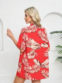 2pcs Women Summer New Casual Printed Vacation Style Cardigan And Shorts Set, Suitable For Home Wear