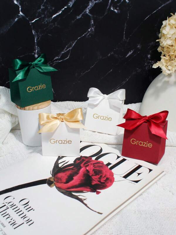 5pcs Grazie Favor Box With Ribbon – Elegant Square Thank You Gift Box For Wedding, Party, Ba By Shower, Bridal Event – Simple Italian Style Candy Box In White, Red, Green With Satin Bow – Kraft Packaging For European Theme Event
