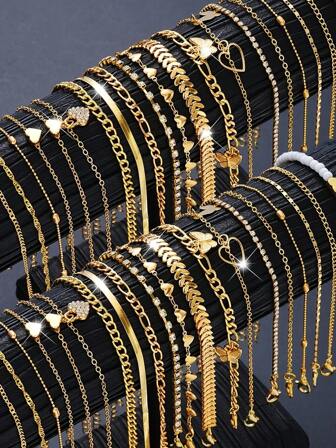 40 件/20 件/7 件套装优雅日常金属材质金色脚链套装，带心形和蝴蝶吊坠，适合海滩、日常、派对佩戴，时尚首饰