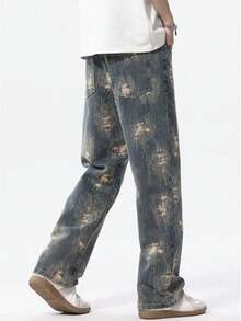 1 件复古做旧提花直筒牛仔裤，复古蓝色男式长裤