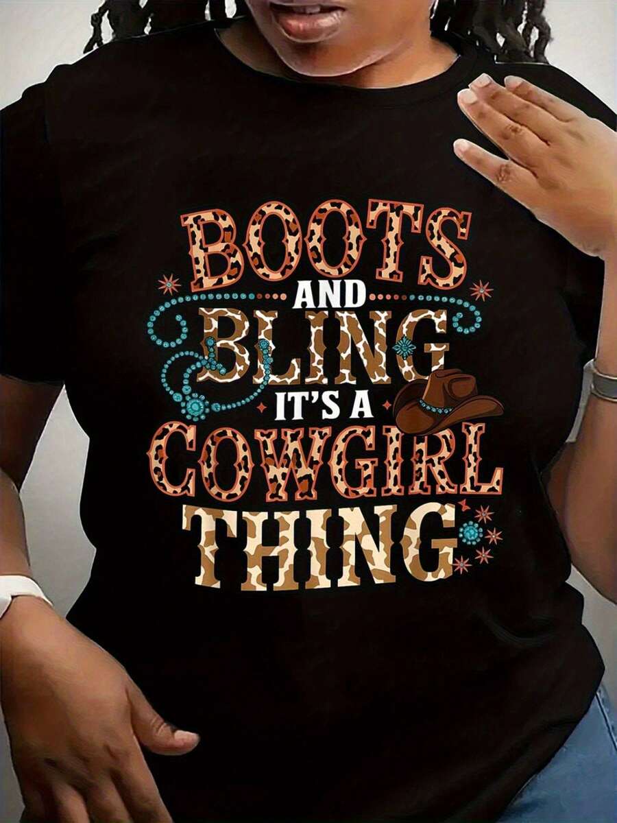 Plus Size Western Cow Tee Western Cow T Shirt Boots And Bling Print Round Neck Short Sleeve Machine Washable Spring Summer Casual Wear Festive Attire Nontransparent Fabric Size L-3XL 4XL 5XL - 黑色 - 查看 1